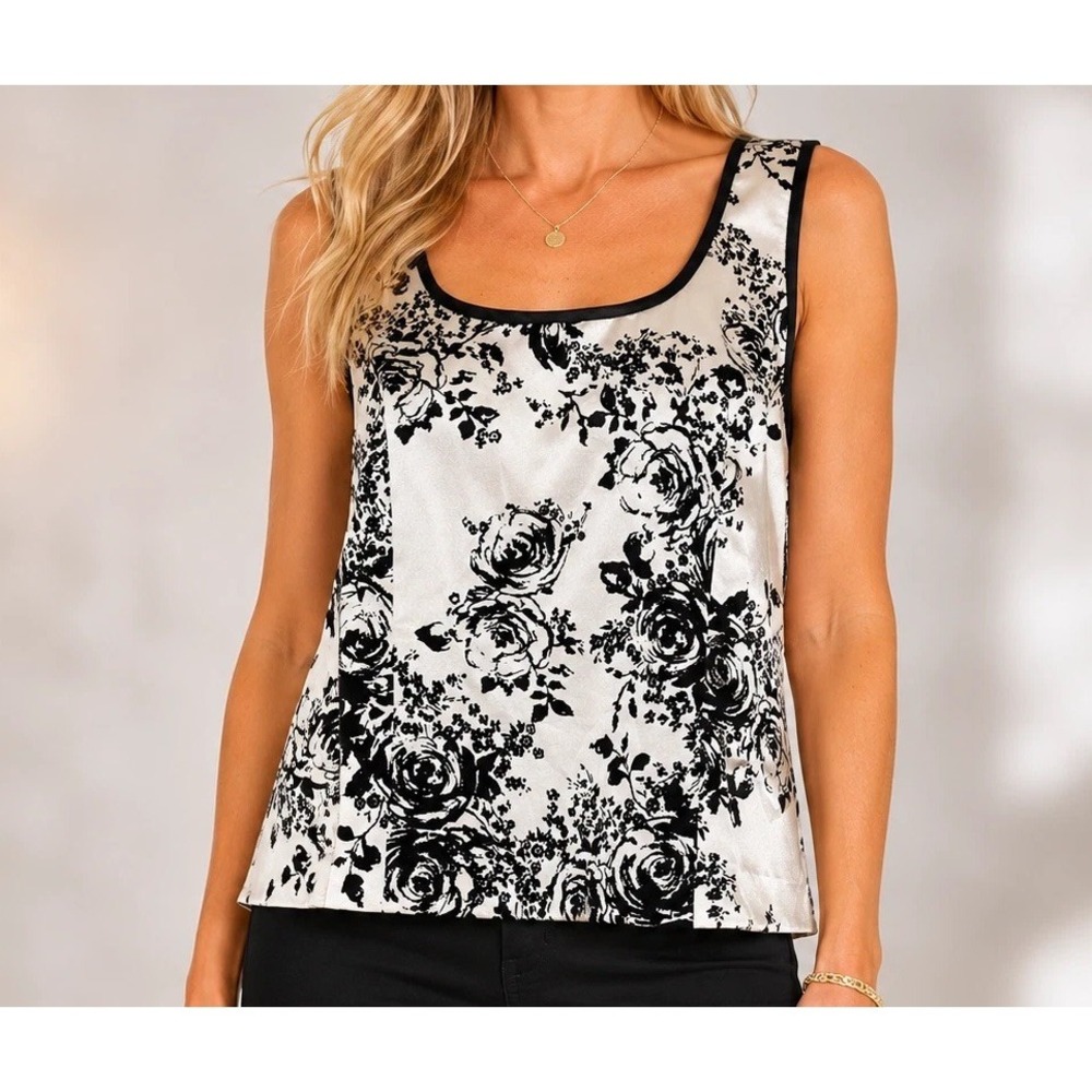 Alex Evenings Romantic Luxe Floral Statement Satin Tank Top Boutique Style SZ XL